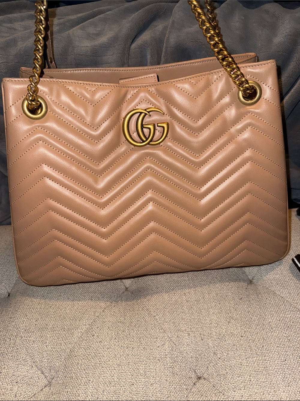 Gucci -Tan Chevron Quilted Shoulder Bag with Gold Hardware